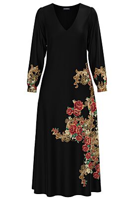 Rochie DAMES  eleganta neagra cu maneca lunga si imprimeu Floral auriu 