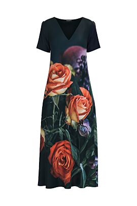 Rochita DAME de vara,neagra, lunga cu buzunare imprimata digital cu model floral,Trandafiri.