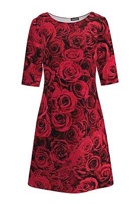 Rochie DAMES  de craciun cu maneca trei sferturi de zi imprimata cu trandafiri rosii