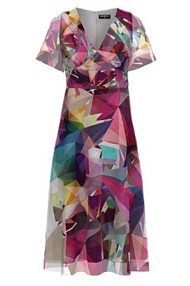 Rochie eleganta din organza si satin imprimata multicolor abstract