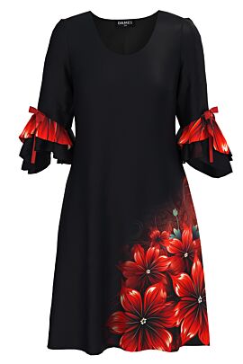 Rochie eleganta neagra cu un imprimeu floral si maneci trei sferturi cu volane CMD5002