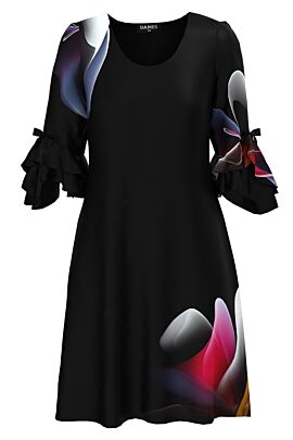 Rochie DAMES eleganta neagra cu un imprimeu multicolor și maneci trei sferturi cu volane 