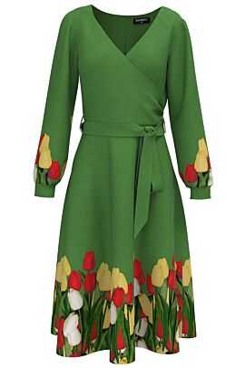 Rochie DAMES eleganta verde cu maneca lunga imprimata Lalele 