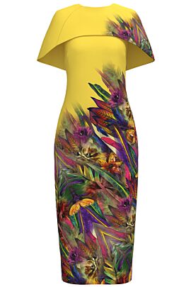 Rochie galbena lunga cu capa detasabila imprimata multicolor