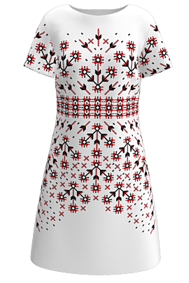 Rochie DAMES casual, albă, imprimată digital cu elemente tradiționale românești.