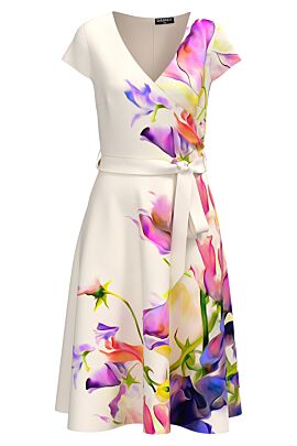 Rochie DAMES ivory eleganta de vara cu maneca scurta imprimata floral pastel  