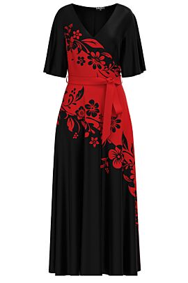 Rochie neagra lunga eleganta de seara imprimata cu model floral rosu CMD2918