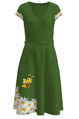 Rochie DAMES verde casual de vara cu maneca scurta imprimata cu model Albinuta 